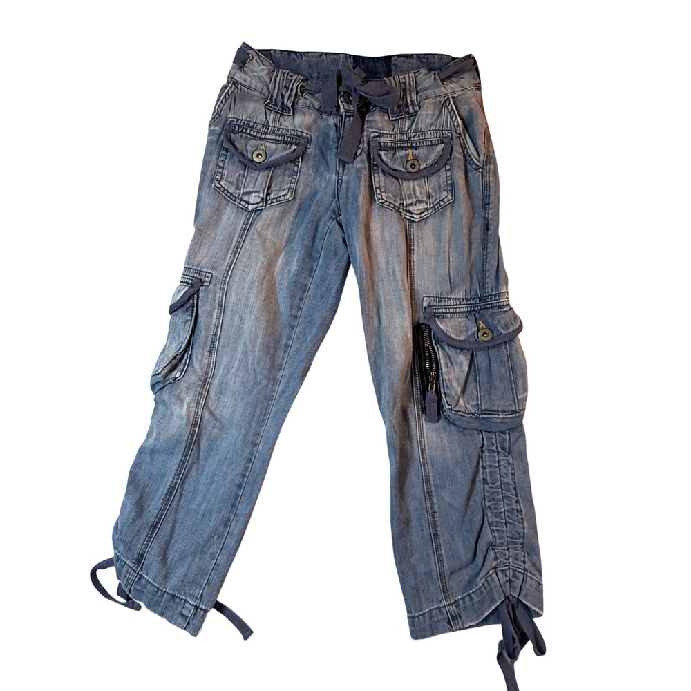 Z. Cavaricci Faded Blue Cargo Cropped Jeans with Drawstring Waist